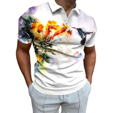 Men's Polo Shirt Golf Shirt Flower and bird Prints Lapel Top,Outdoor Street Clothing Hawaiian Shirt Floral White