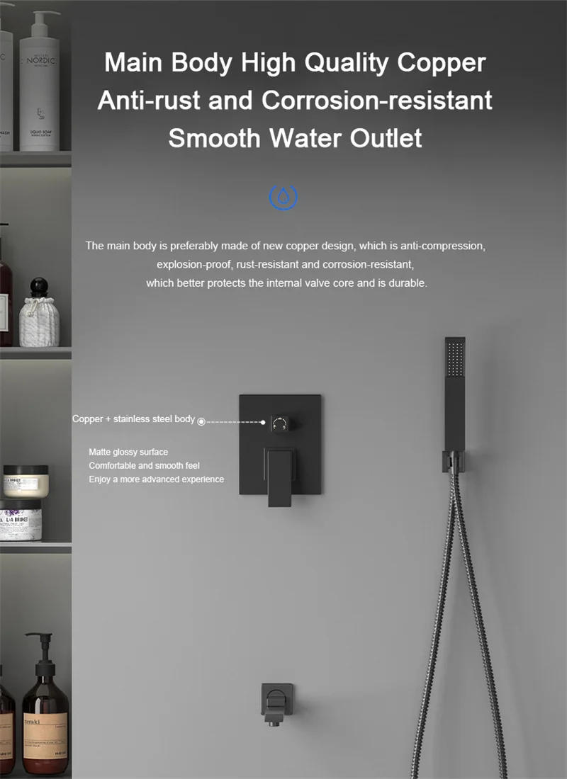 Description Picture 5 of itemBlack Bathroom Concealed Shower Set Modern Hot and Cold Embedde Wall-Mounted Shower System Home Rainfall Bathroom Shower Faucet