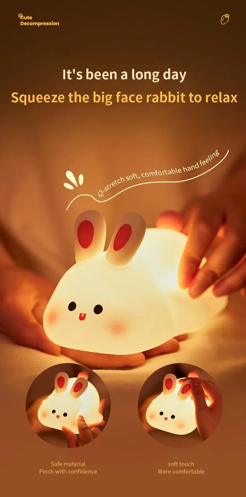 Description Picture 4 of itemCute Rabbit Night Light Animal Silicone Patting Lamp Rechargeable Bedside Sleeping Lamp Children Gift Bedroom Nightlight Dimming