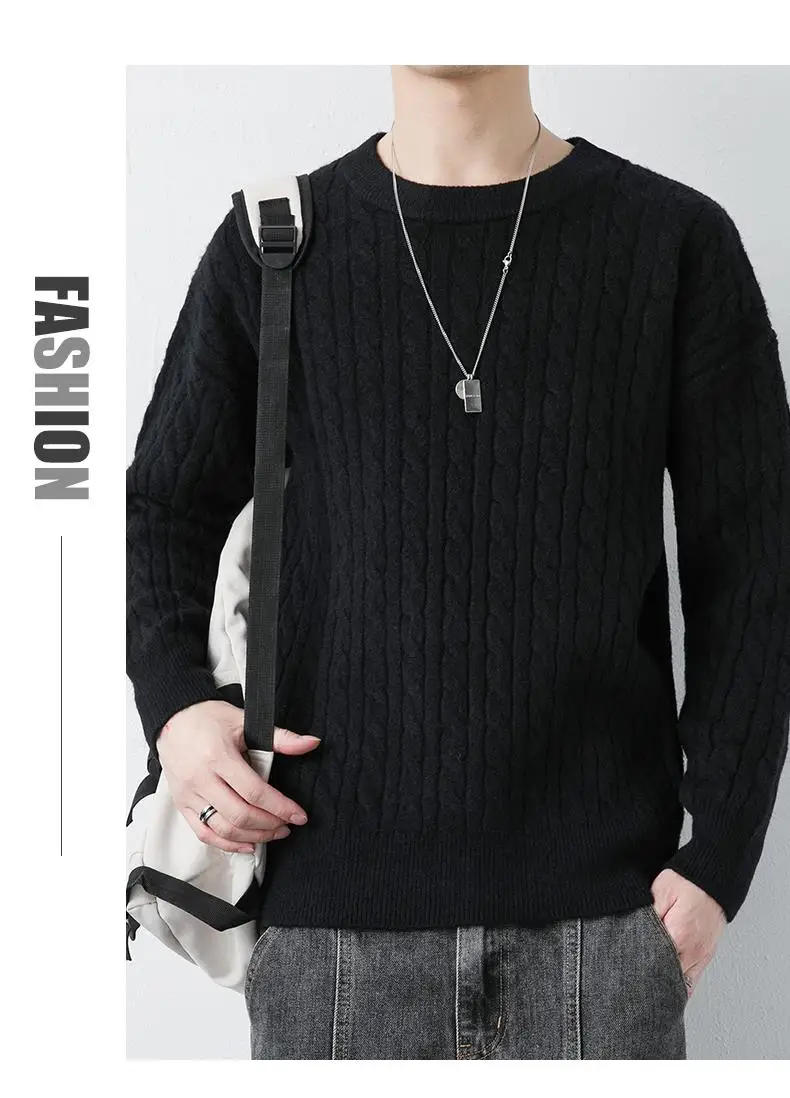 Description Picture 4 of itemAutumn Winter Men Vintage O Neck Solid Color Mens Knitted Pullovers Loose Harajuku Mens Retro Knitwear Pullover Sweaters C98
