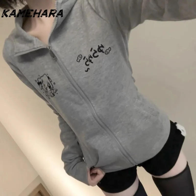 Description Picture 4 of itemKAMEHARA Japanese Spice Girl Slim Subculture Anime Hooded Long Sleeve Coat 2025 Spring Y2k Zipper Sweater Kawaii Crop Top Female
