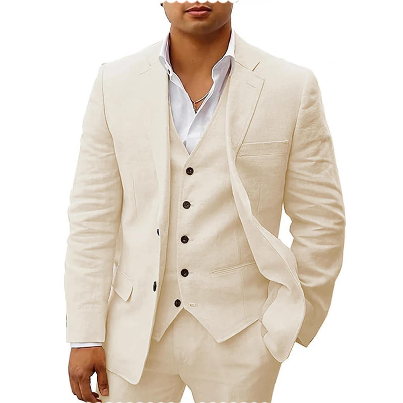 Description Picture 3 of itemSummer Beach Wedding Linen Men's Suits 3 Piece Jacket Pants Vest Full Set SIngle Breasted Notch Lapel Elegant Groom Male Blazer