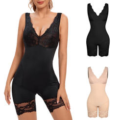 Women Full Body Shapewear Sexy V Neck Bodysuit Slimming Belly Lace Patchwork Underwear Waist Trainer Modeling Strap Corset
