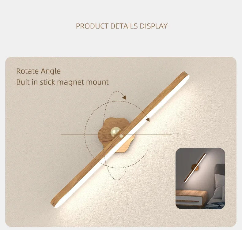 Description Picture 5 of itemLED Mirror Front Lamp Magnet Adsorption Mirror Screen Vanity Lamp Rotation Wood Color Night Light for Bedroom Makeup