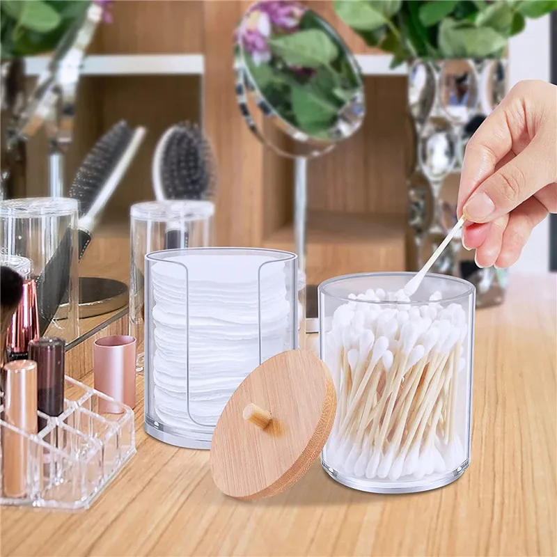 Description Picture 3 of itemPortable Bamboo Lid Cotton Swab Storage Box Round Transparent Acrylic Multipurpose Makeup Remover Cotton Boxes
