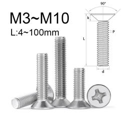 2~50PCS Phillips Countersunk Head Screws M3 M4 M5 M6 M8 M10 304 Stainless Steel Cross Flat Countersunk Head Bolts
