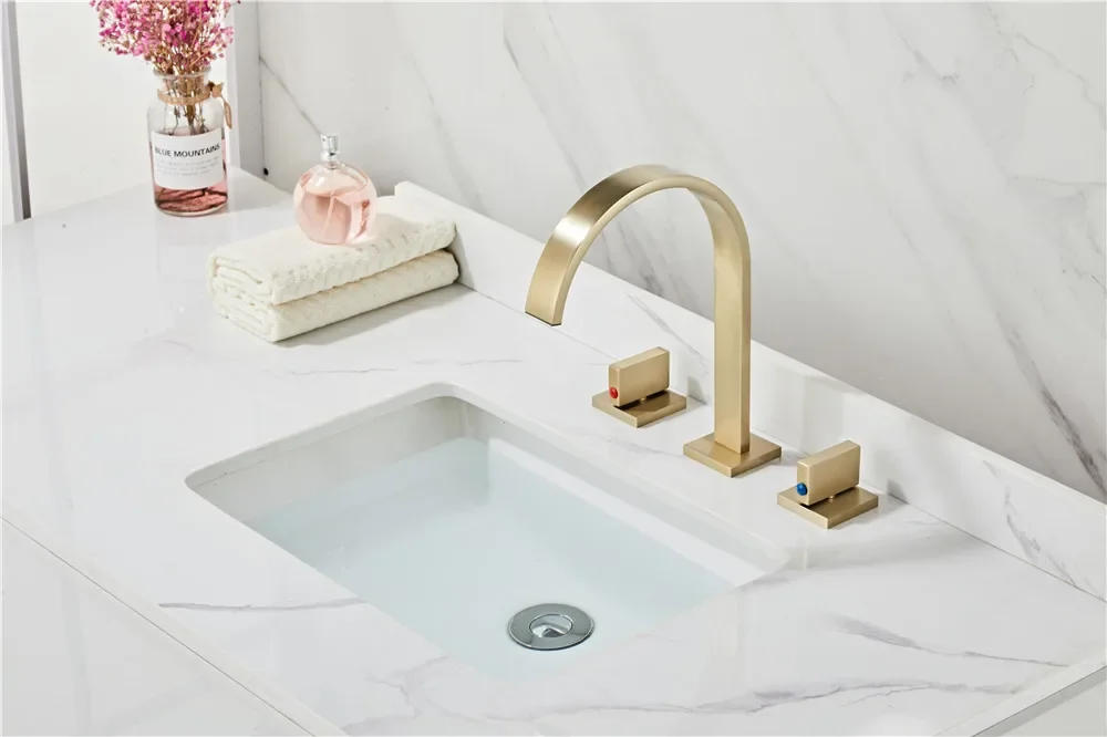 Description Picture 5 of itemBrushed Gold Basin Faucet  Sink Tap Gold Square Brass Bathroom Sink 3 Hole Double Handle Hot And Cold Water Tap