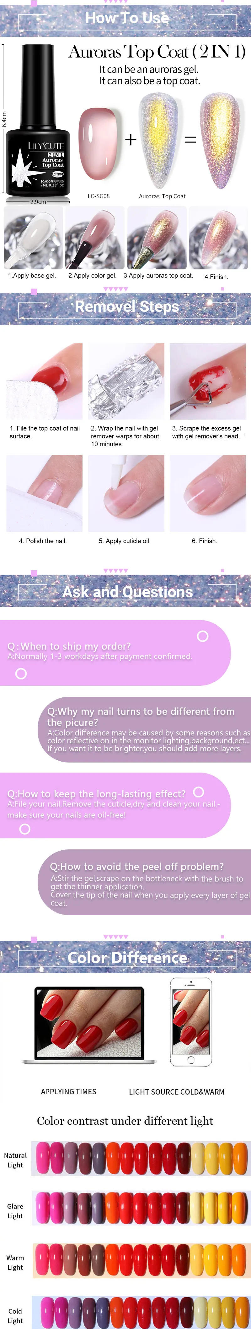 Description Picture 5 of itemLILYCUTE 7ML Green Auroras Top Coat Sparking Auroras Gel Nail Polish Fairy Nail Art Vernis Semie Permanent UV Gel Top Coat