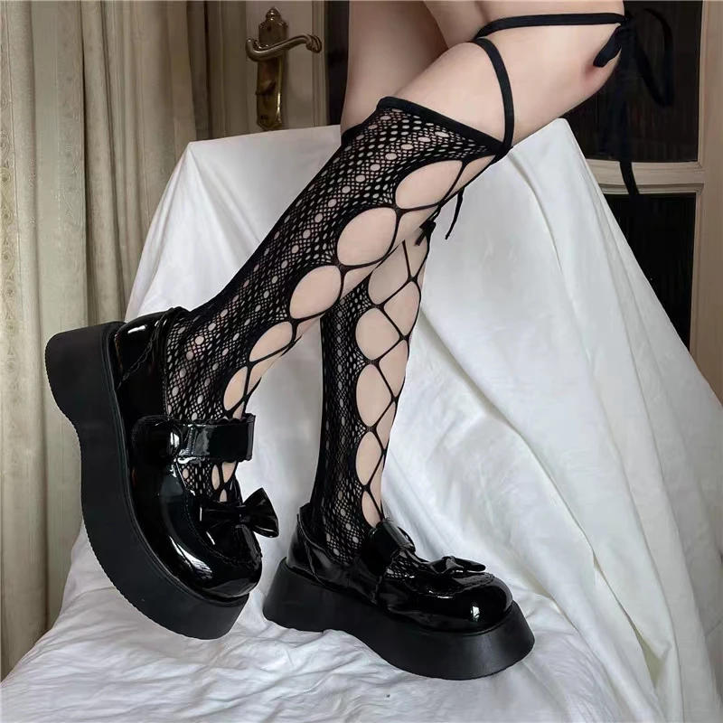 Description Picture 5 of itemBlack Bandage Stockings Women Gothic Sexy Fishnet Thigh High Mesh Tights Personality Lace Calf Knee Socks Pantyhose Legging