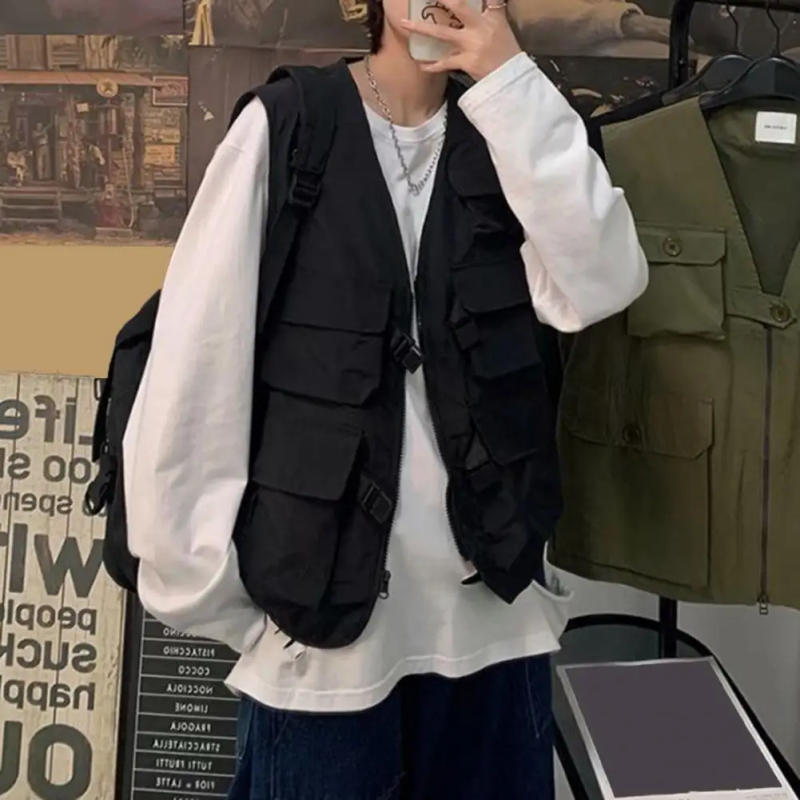 Description Picture 6 of itemMen Cargo Vest Coat Solid Color Multi Pockets Zipper Buckle Placket Waistcoat V-neck Sleeveless Men Outerwear Men's Clothing