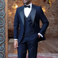 Black lapel Navy Blue Men Suit Business Prom Groom Groomsman Wedding Party 3-Piece Set Formal Occasions Tuxedo Jacket Vest Pants