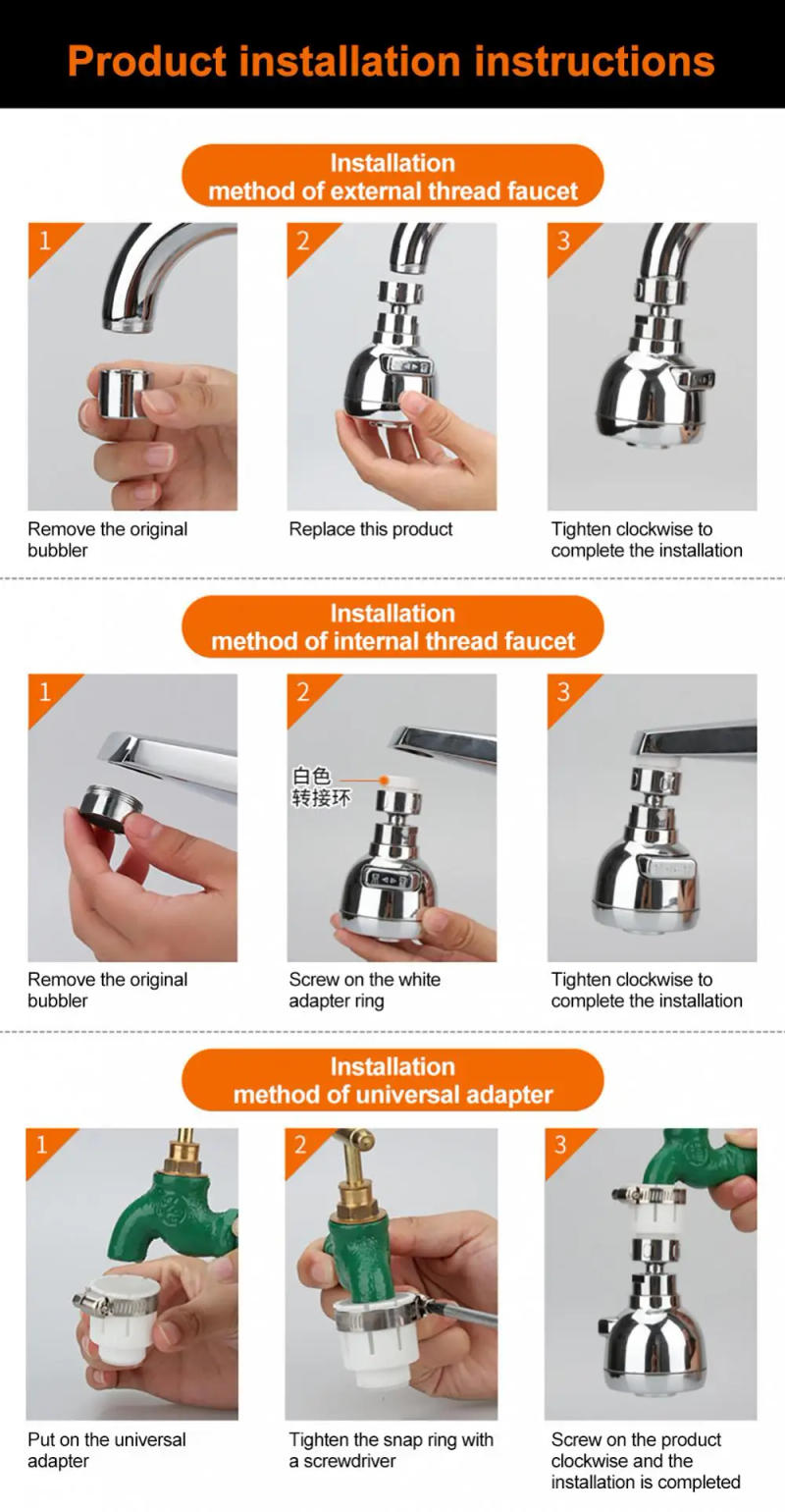 Description Picture 4 of item2 Modes Sink Faucet 360 Degree Rotation Filter Extension Tube Shower Water Saving Tap Universal Kitchen Gadgets Accessories