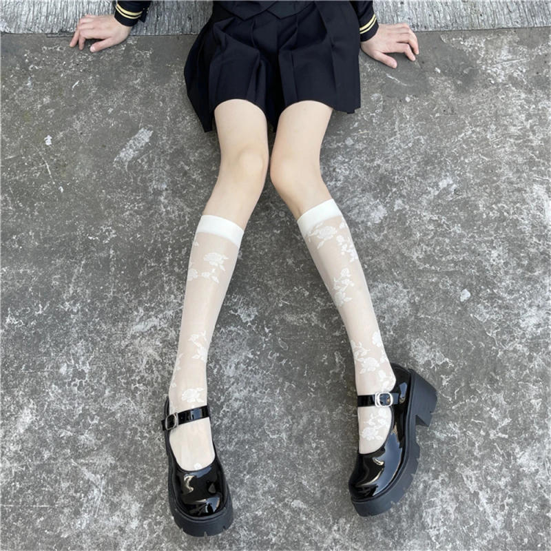 Description Picture 5 of itemSexy Lace Leg Stockings Women's Black Rose Embroidery Long Knee High Socks Japanese Lolita Leg Warmers Sweet Girls Kawaii Stocks