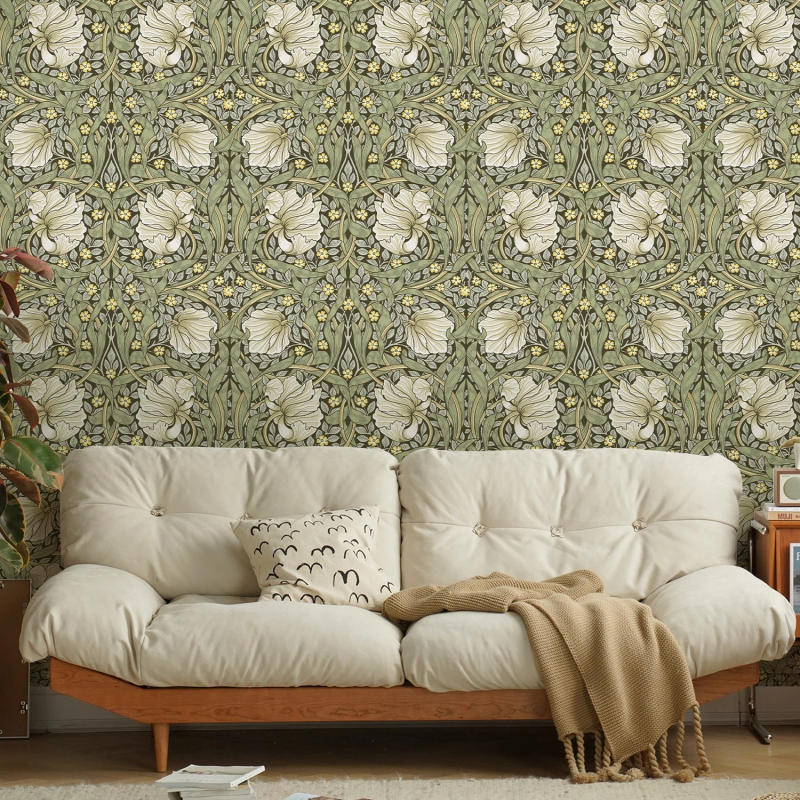 Description Picture 5 of item1pc Vintage Floral Self-adhesive Wallpaper Peel And Stick Botanical Sage Green/Yellow Wall Murals Home Kitchen Bedroom Decor