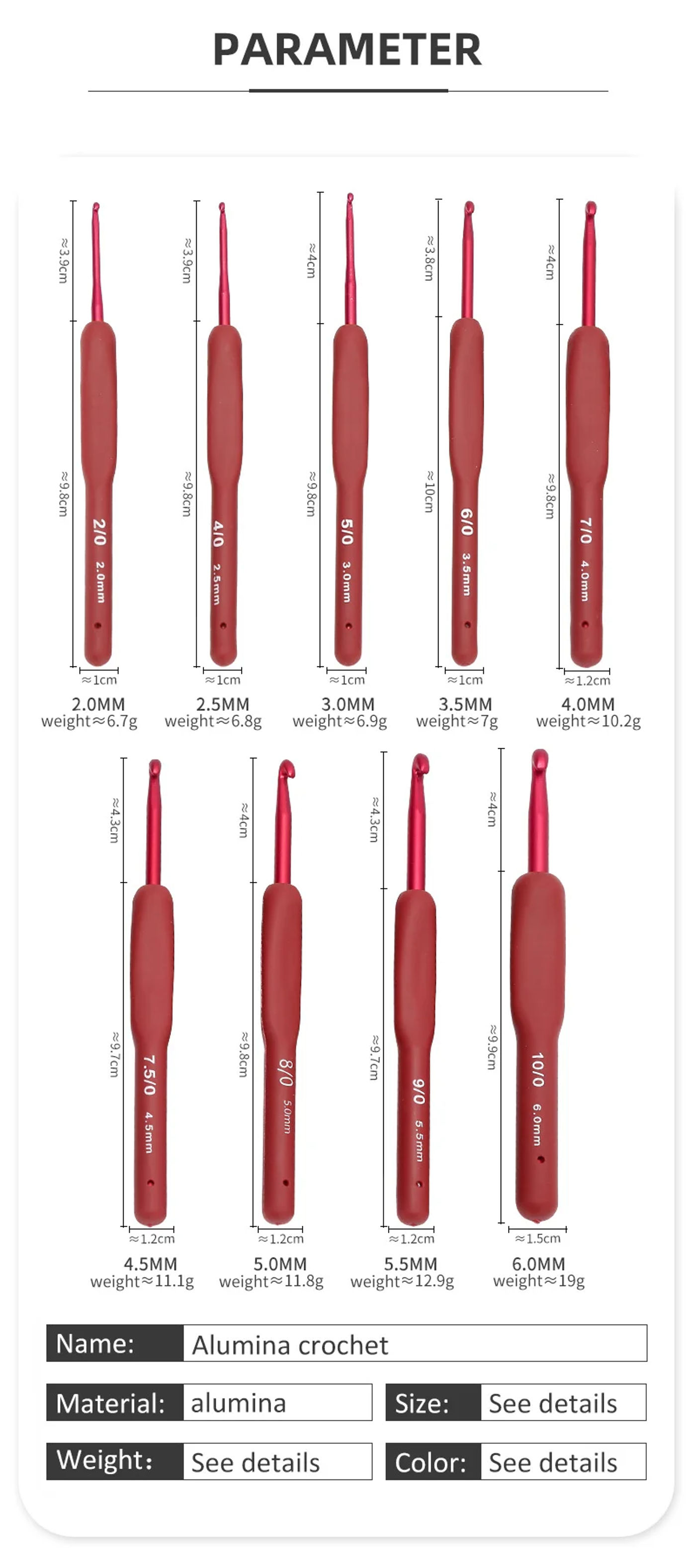 Description Picture 3 of item9pcs 2-6mm Soft Handle Ergonomic Crochet Hooks Set Aluminum Needle Head Crochet Kit Diy Handmade Sewing Weave Knitting Tools