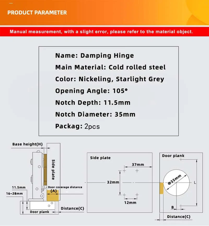 Description Picture 2 of item2pc Cold Rail Steel Two-stage Damping Door Hydraulic Hinges Cabinet Door Hinge Damper Buffer Soft Close Hinge Kitchen Hardware