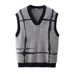 Harajuku Street Trend Striped Patchwork V-neck Knit Sweater Vest Couple Style Jacquard Checkered Oversized Sleeveless Sweaters