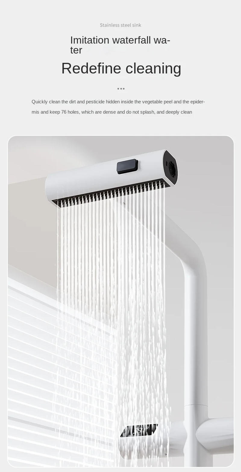 Description Picture 4 of itemWhite Stainless Steel Kitchen Sink with New Digital Display Pull-Out Waterfall Faucets Multifuctional Sink Kitchen Accessories