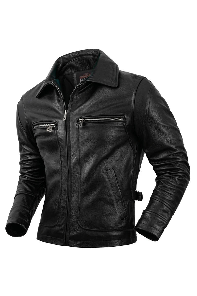 Description Picture 5 of itemPure Top Layer Cowhide Genuine Leather Jacket Men's Slim Fit Lapel Motorcycle Jackets Classical Black Zipper Leather Coat