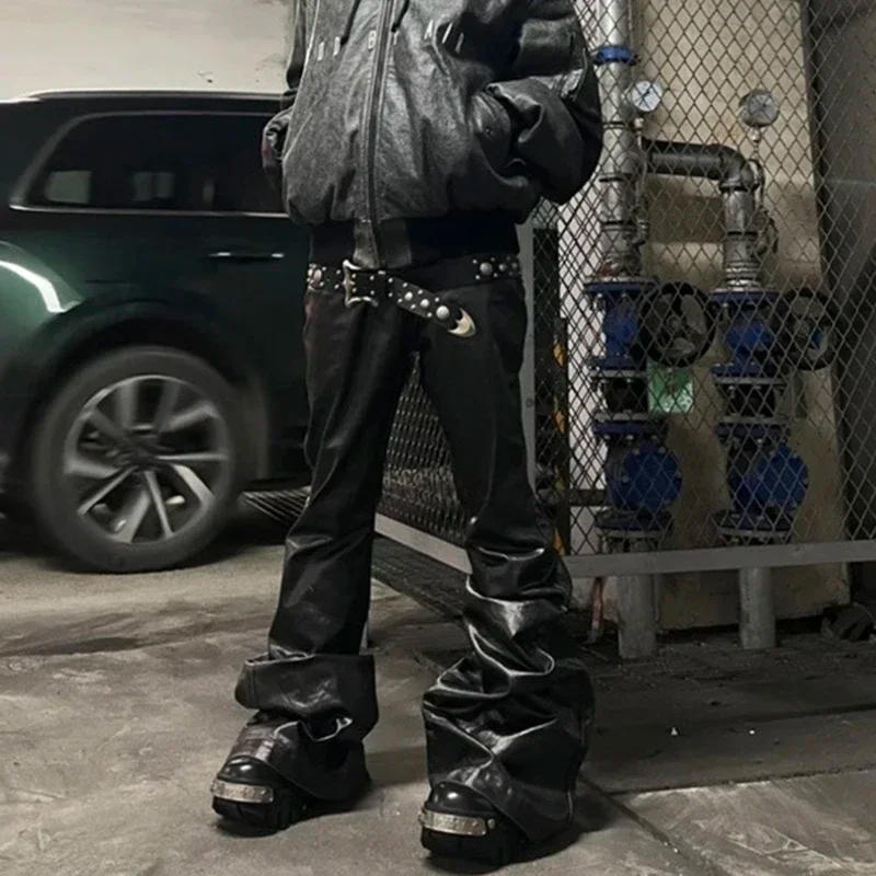 Description Picture 6 of itemHigh Street Wide Leg Glossy Pu Leather Pants Sashes Boot Cut Men and Wome Straight Baggy Casual Jeans Oversized Flared Trousers