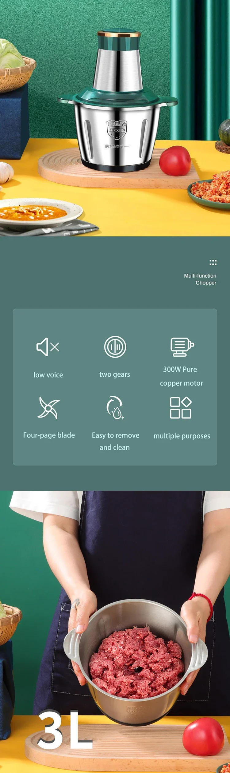 Description Picture 2 of itemElectric Meat Grinder Stainless Steel Food Processor Chopper Kitchen Utensils Vegetable and Fruit Chopper Household Grinder