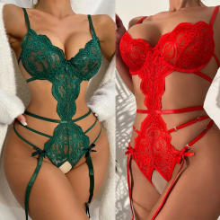 Sexy Langerie Set For Woman Red Garter Belt Bra And Panty Sets Lace Hollow Out One Piece Underwear Erotic Bodysuit Crotchless