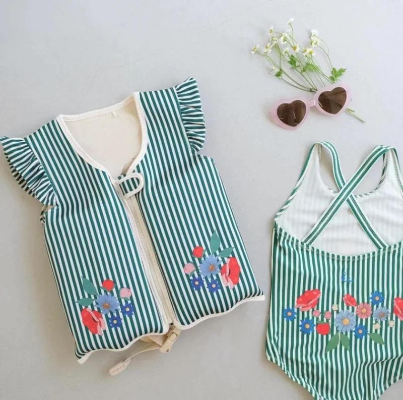 Description Picture 2 of itemBaby Girls Swimwears Summer Sleeveless Swimsuit Kids One-piece Pajama Set Toddler Girls Sunscreen Green Bodysuits Bikini Suits