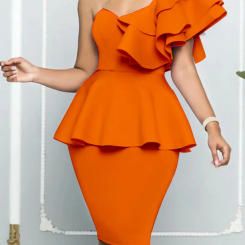 Women Bodycon Party Dresses One Shoulder Peplum Ruffles African Female Sheath Celebrate Event Package Hip Gowns Stylish Robe New