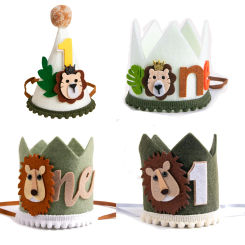 Jungle Safari Theme Animal Lion One 1 Year Birthday Crown Hats Kids 1st Birthday Party Headband Decorations Baby Shower Supplies