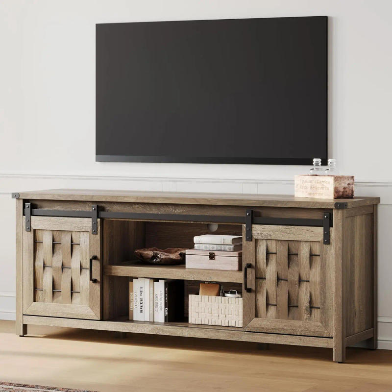 Description Picture 2 of itemFarmhouse TV Stand for 65 Inch TV, Entertainment Center with Handmade Woven Sliding Door, Media TV Console Table with Cabinet