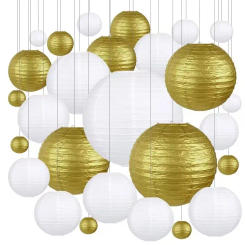 10pcs/set Mixed Size(4''-12'') Gold White Paper Lanterns Chinese Ball Lampion Wedding Lanterns For Party Birthday Decoration