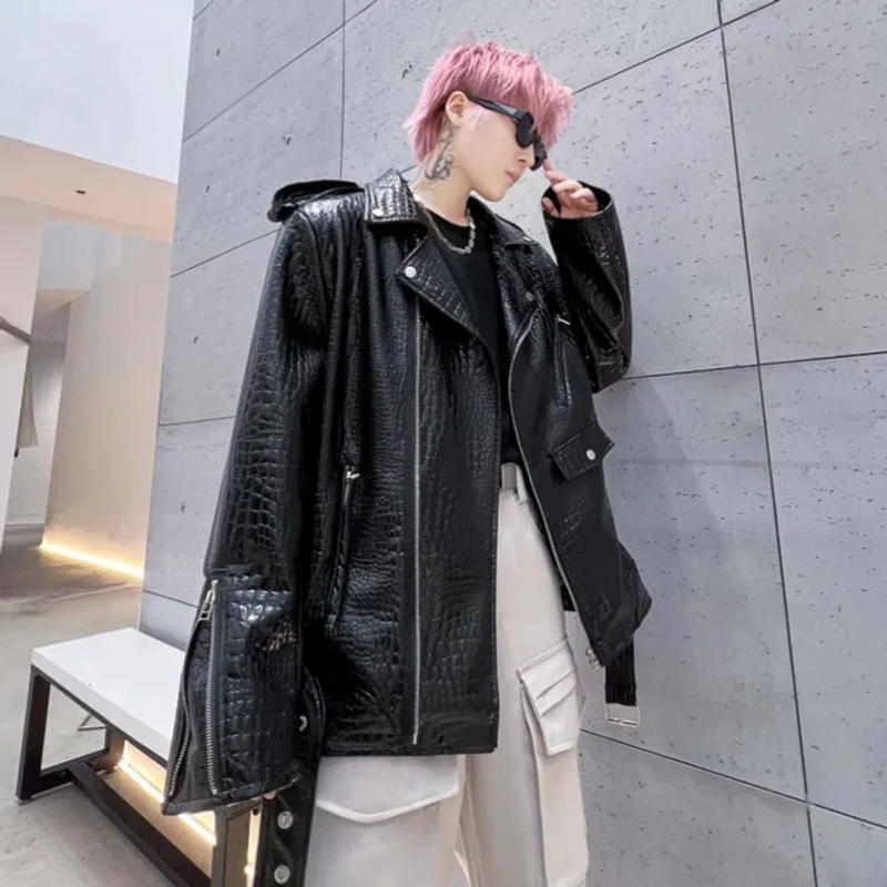 Description Picture 5 of itemHigh Street Men Autumn Loose Fit Crocodile Pattern Glossy Faux Leather Jacket Oversized Moto Biker Coat Punk Stage Show Outwear