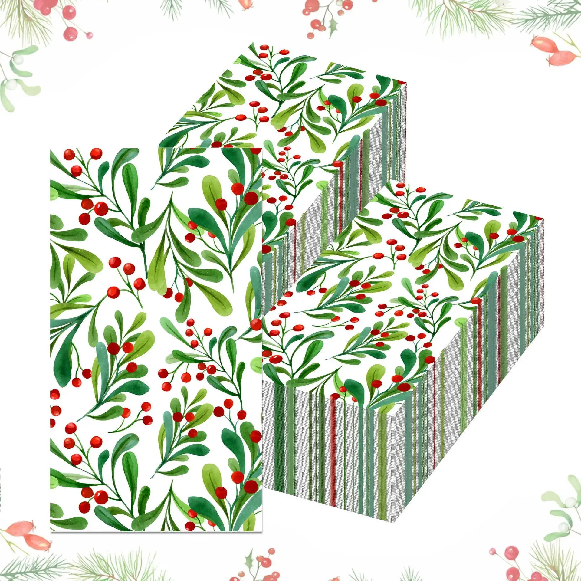 Description Picture 3 of item100PCS Christmas Paper Napkins 33*40CM Holly Berry with Leaves Disposable Dinner Hand Towels for 2025 Xmas Dining Table Decor