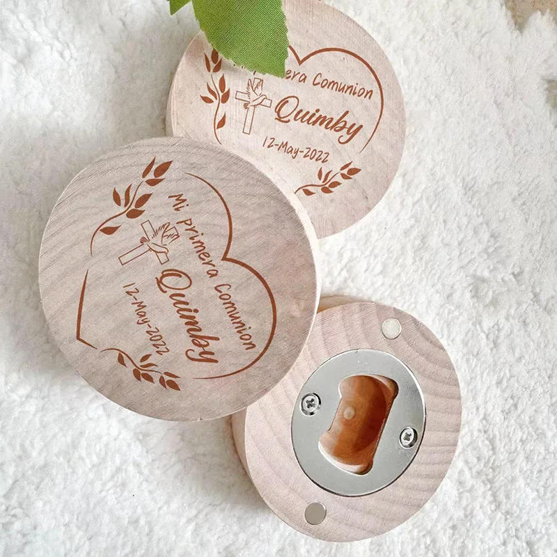 Description Picture 6 of itemPersonalised Wooden Bottle Opener Engraved Magnetic Wooden Round Opener Bridesmaid Wedding Favors Custom Baptism Christmas Gift