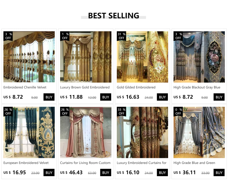 Description Picture 2 of itemLuxury Brown Gold Embroidered Thickened Chenille Blackout Curtains for Living Room Bedroom Window Screen Custom Villa Valance