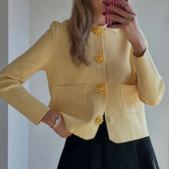 Flower Single Breasted Kntted Cardigans Women Loose Yellow Elegant Turn-down Collar Sweaters 2025 Spring Casual Top Lady Coat