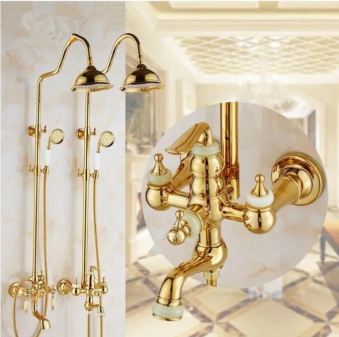 Description Picture 2 of itemBathtub and Shower Faucet Golden Brass and Jade Bath Set Brass Wall Mounted 8" Rainfall &nd shower  Set