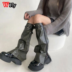 Women Harajuku Steampunk Y2K Subculture Girl Locomotive Wind Gothic Autumn/Winter Leather Side Zipper Leg Socks Leg Warmers Sock