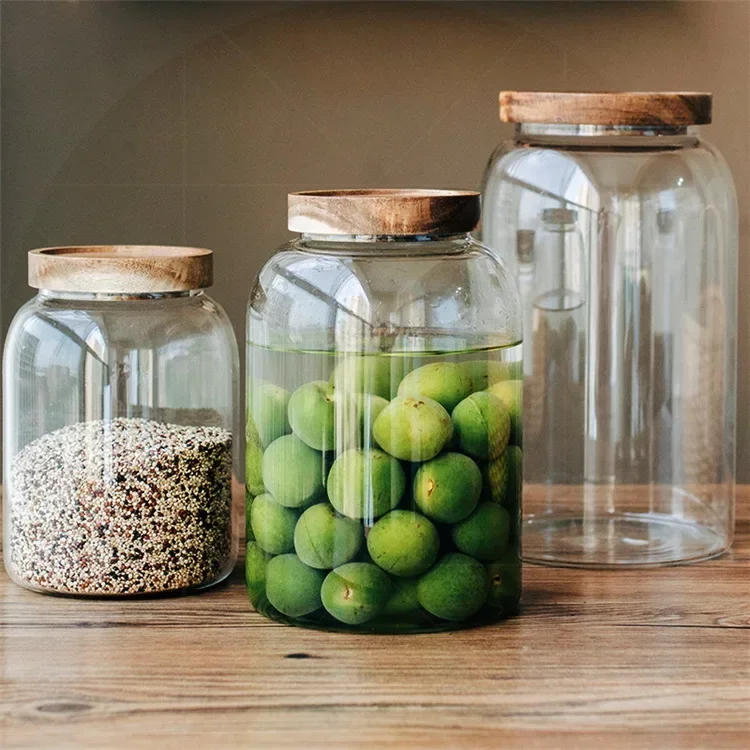 Description Picture 6 of itemHigh borosilicate glass acacia wood lid glass jar food airtight storage jar large storage container Solid wood lid pickle jar