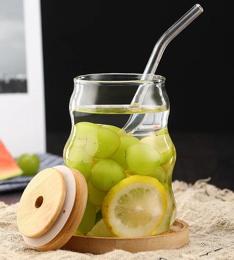 Description Picture 4 of item1/2pcs 500ml Glass Tumblers Cups With Straw Mason Jar Clear Juice Coffee Milk Cup With Bamboo Lids Drinkware Stripe Beer Mug