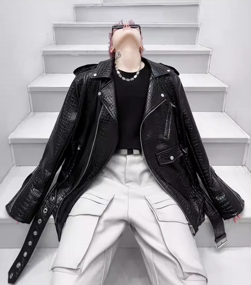 Description Picture 6 of itemHigh Street Men Autumn Loose Fit Crocodile Pattern Glossy Faux Leather Jacket Oversized Moto Biker Coat Punk Stage Show Outwear