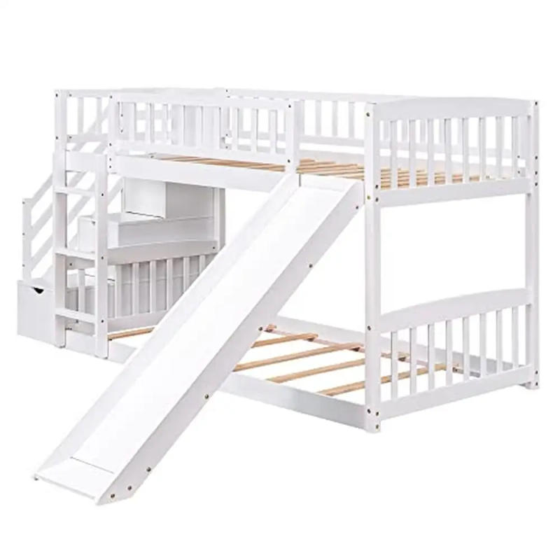 Description Picture 5 of itemTwin Bunk Bed Slide Guardrail Stairway Drawers Space-Saving Bedroom Dormitory Solid Wood MDF Country Style Kids Bed 300LBS