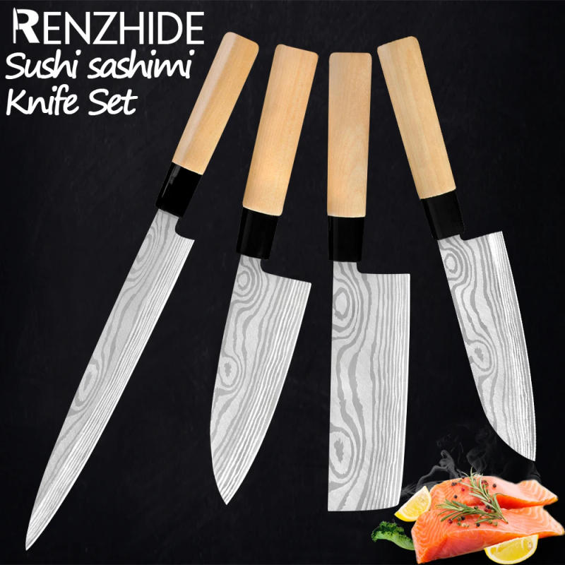 Description Picture 2 of itemRZD Stainless Steel Sushi Sashimi  Japanese Chef Knives Set Damascus Pattern Veins Cooking Cleaver Chopping Fillet Fishing Tools