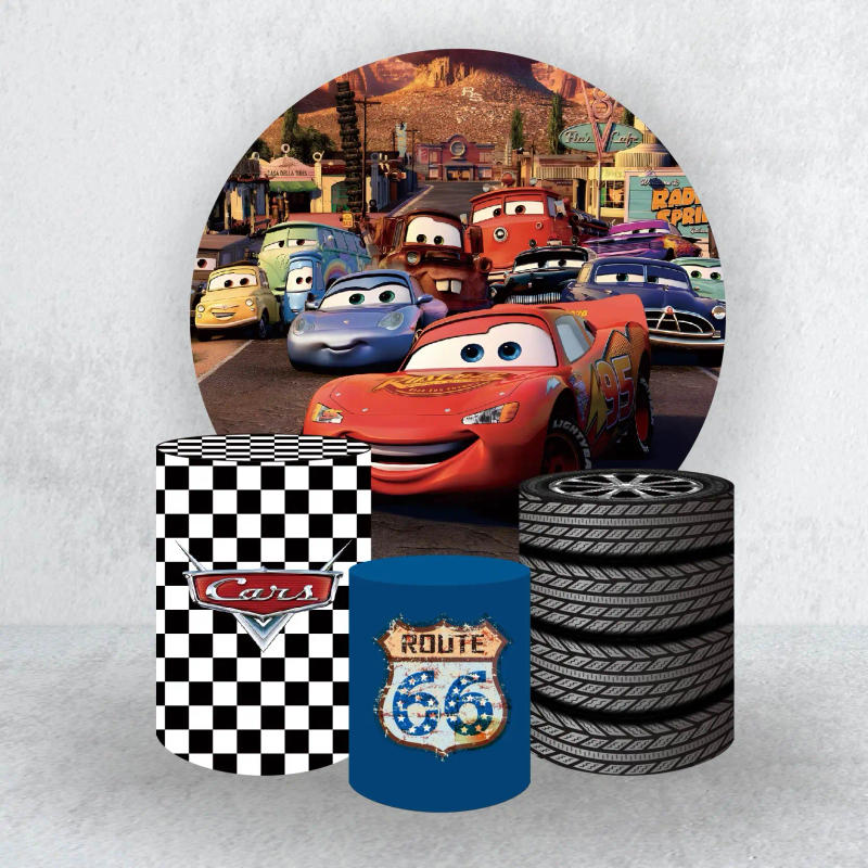 Description Picture 2 of itemDisney Cars Theme Elastic Round Circle Backdrop Cover and Cylindrical Column Covers for Kid‘s Birthday Party Background Supplies