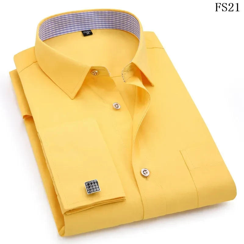 Description Picture 5 of item2023 Men French Cufflinks Shirts White Collar Design Solid Color Jacquard Fabric Male Gentleman Dress Long Sleeves Shirt