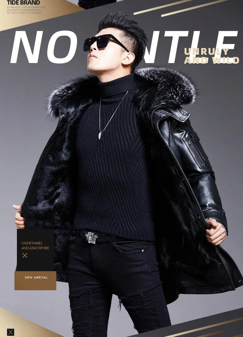 Description Picture 3 of itemGenuine Leather Coat Men's Mid Long Fox Fur Collar Lamb Fur Coats Male Fur Parkas Men Winter Clothing Chaquetas Para Hombre FCY