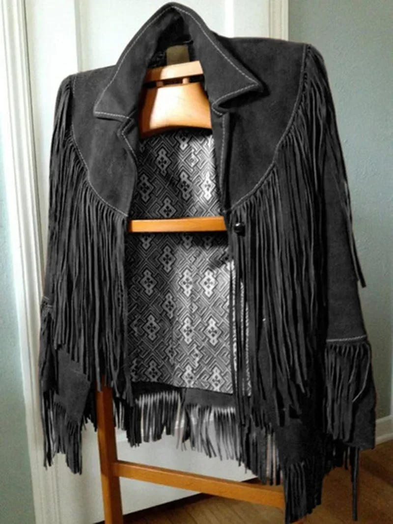 Description Picture 2 of itemLong Sleeve Ethnic Jacket with Suede Fringe Casual Lapel Pocket Leather Jacket Woman Tassel Coat Autumn Street Outwear 2025