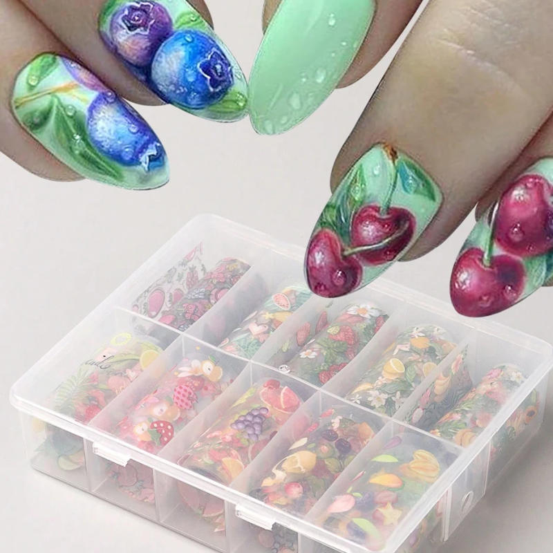 Description Picture 4 of item10 Rolls/Box Nail Transfer Stickers Fruit Design Gel Decals Holographic Foil Slider Decoration Art DIY Manicure Accessories Tool
