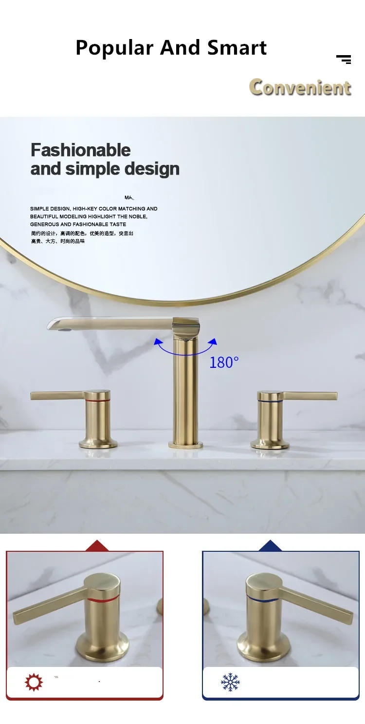 Description Picture 3 of itemBrushed Gold Bathroom Widespread Basin Faucets Soild Brass Sink Mixer Hot & Cold Lavatory Crane Vessel 2 Handle 3 Hole Black