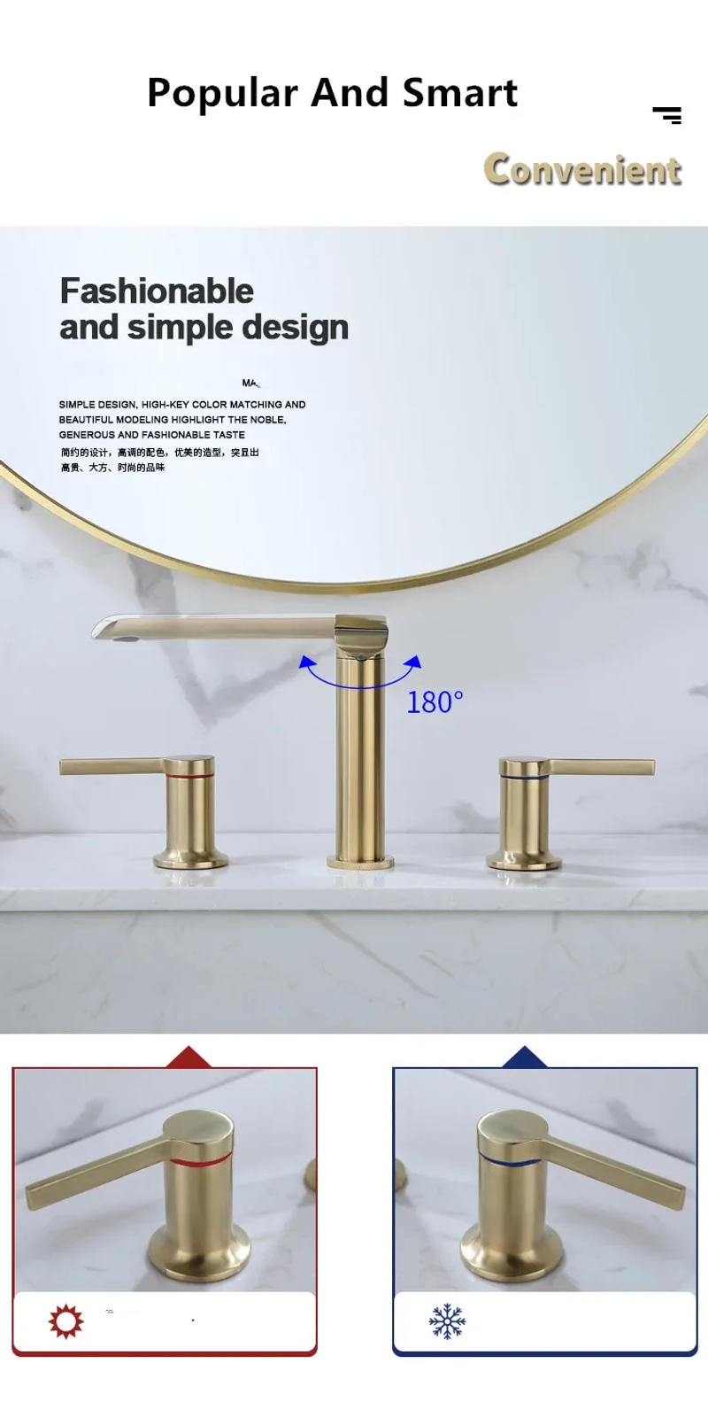 Description Picture 3 of itemBrushed Gold Bathroom Widespread Basin Faucets Soild Brass Sink Mixer Hot & Cold Lavatory Crane Vessel 2 Handle 3 Hole Black